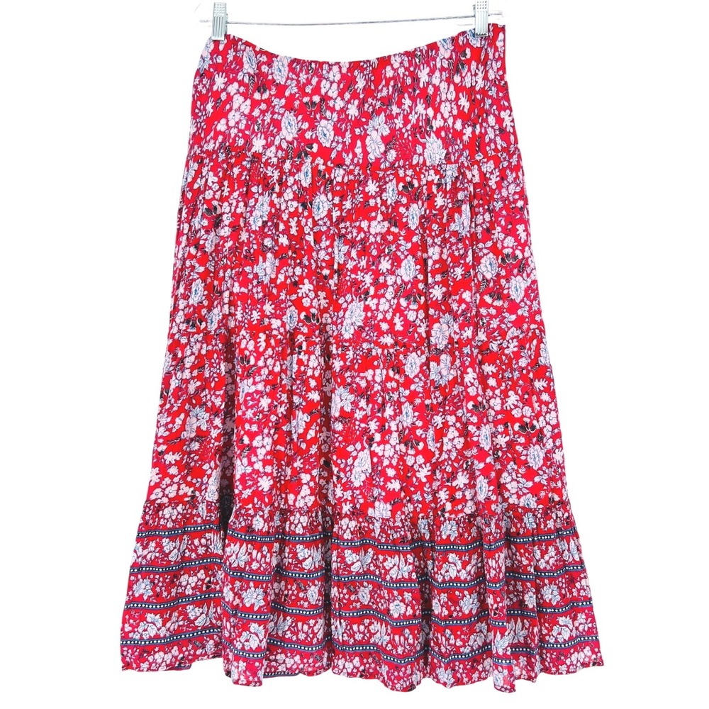 Chaps Tiered Midi Skirt Women Large Red Floral Cotton Lined Boho Peasant